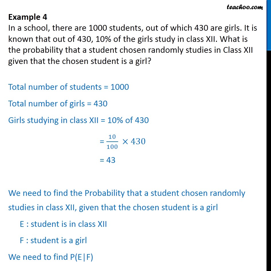 Example 4 - In a school, there are 1000 students, 430 are girls - Examples