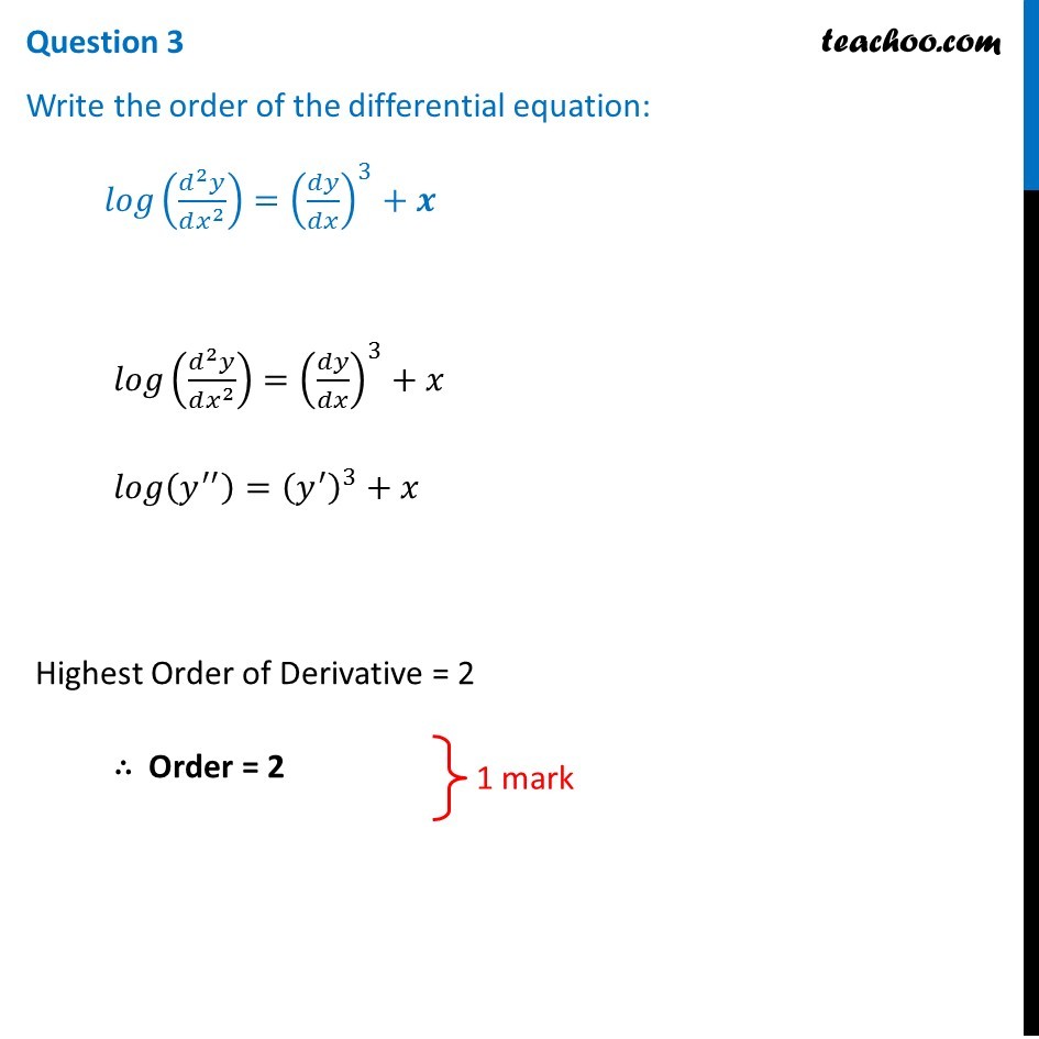 Write order of differential equation: log (y'') = (y')^3 + x - Teachoo