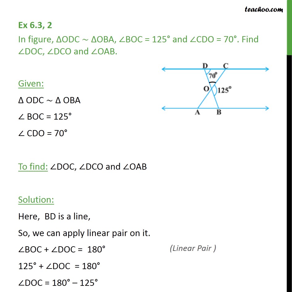 Ex 6.3, 2 - In figure, triangle ODC similar OBA, BOC = 125 - Ex 6.3