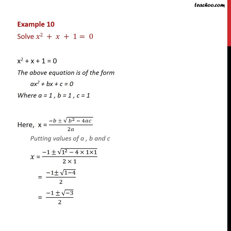 Example 10 - Solve x2 + x + 1 = 0 - Chapter 5 NCERT - Examples