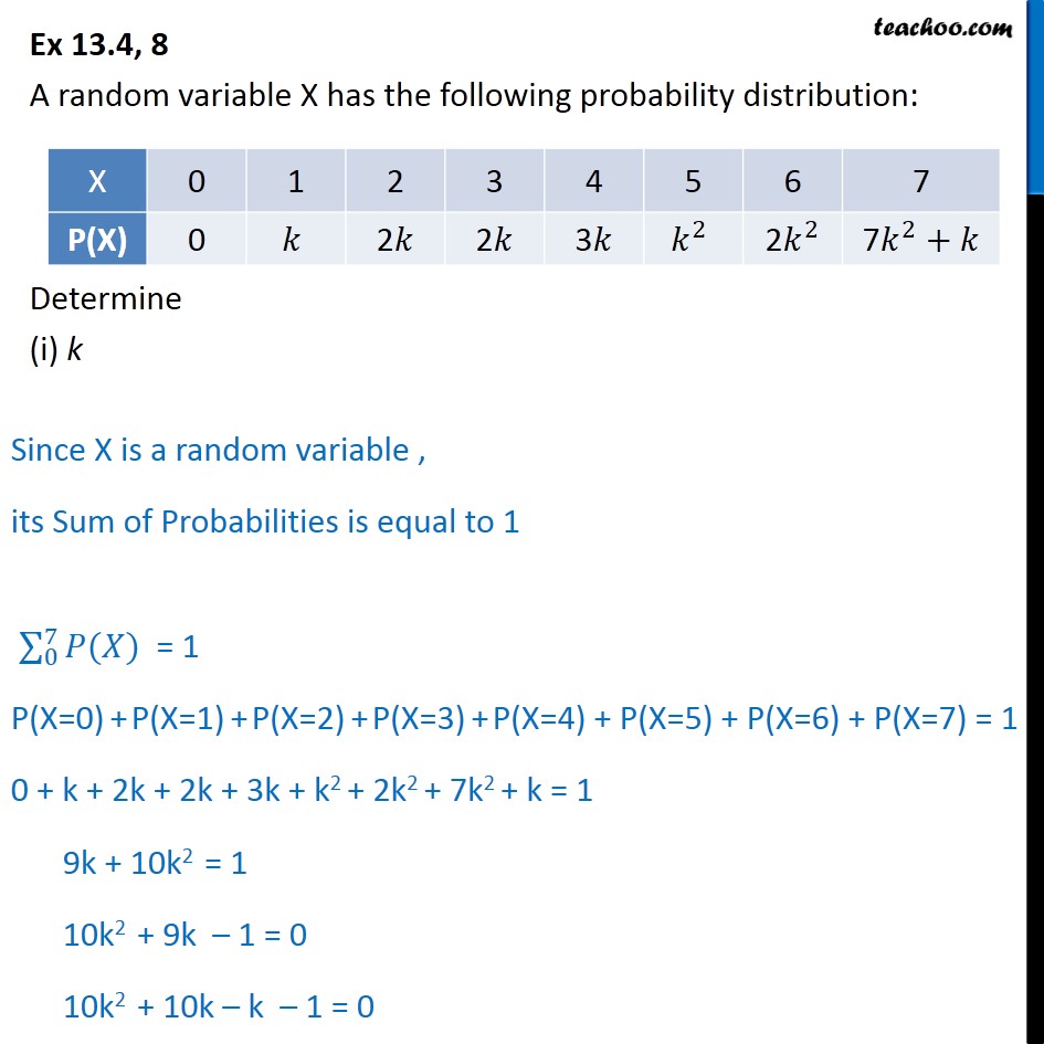 Ex 13.4, 8 - A random variable X has probability distribution - Probability distribution