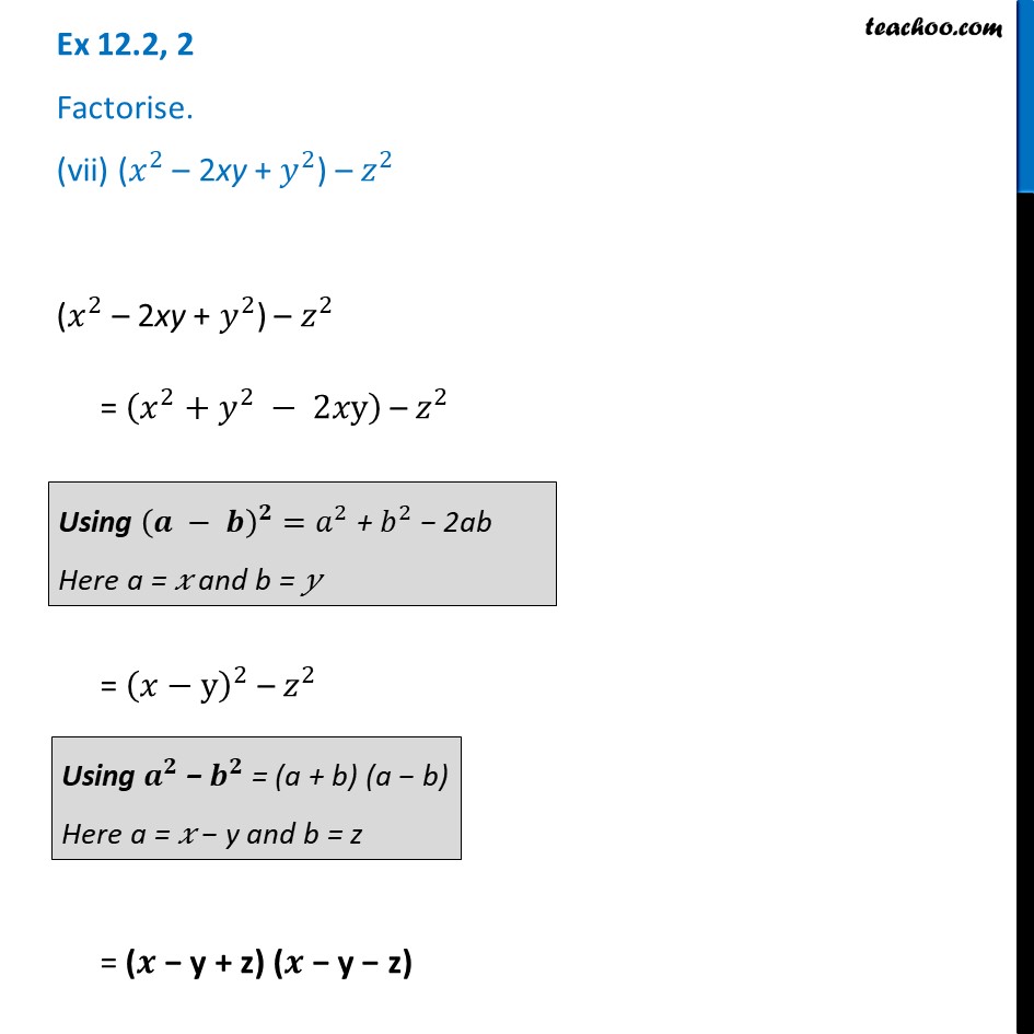 Ex 12 2 2 Vii Factorise X 2 2xy Y 2 Z 2 Ex 12 2