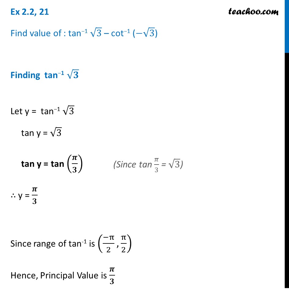 Find: tan-1 root 3 - cot-1 (- root 3) - Inverse Trigo MCQ - Teachoo