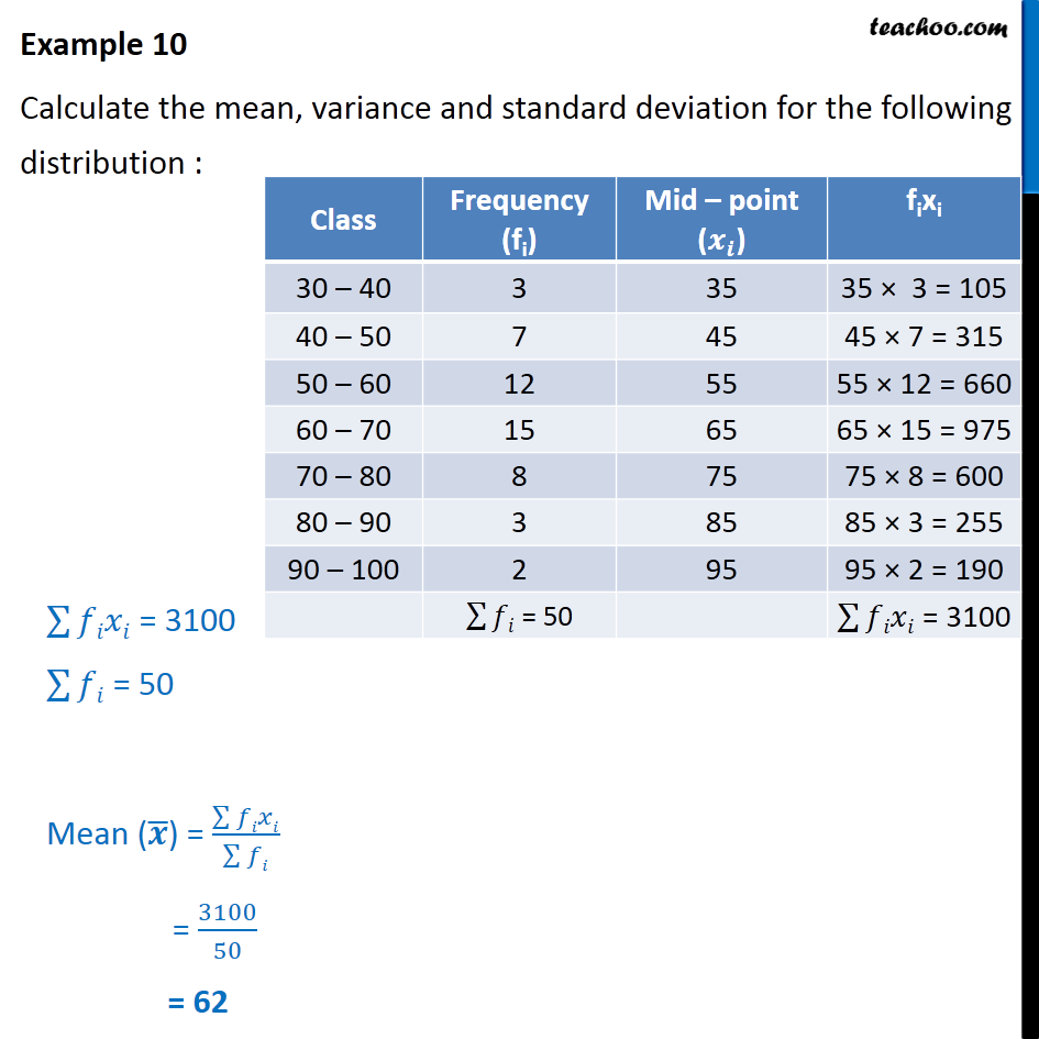Example 10 Calculate mean, variance, standard deviation