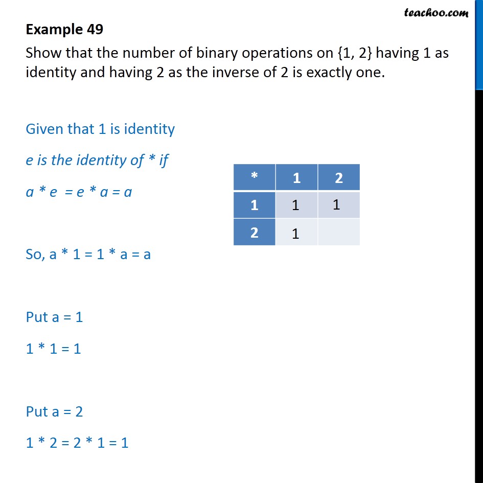 Example 49 - Show number of binary operations on {1, 2} - Binary operations: Inverse