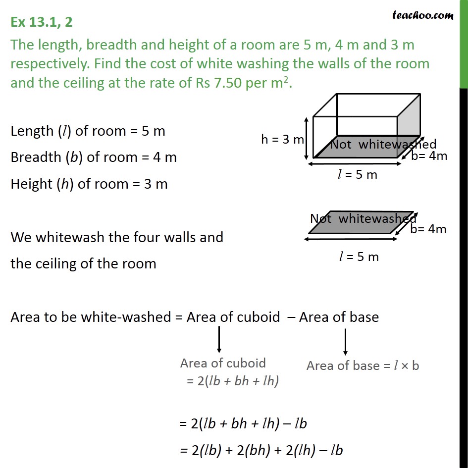 Ex 13.1, 2 - The length, breadth and height of a room are - Ex 13.1