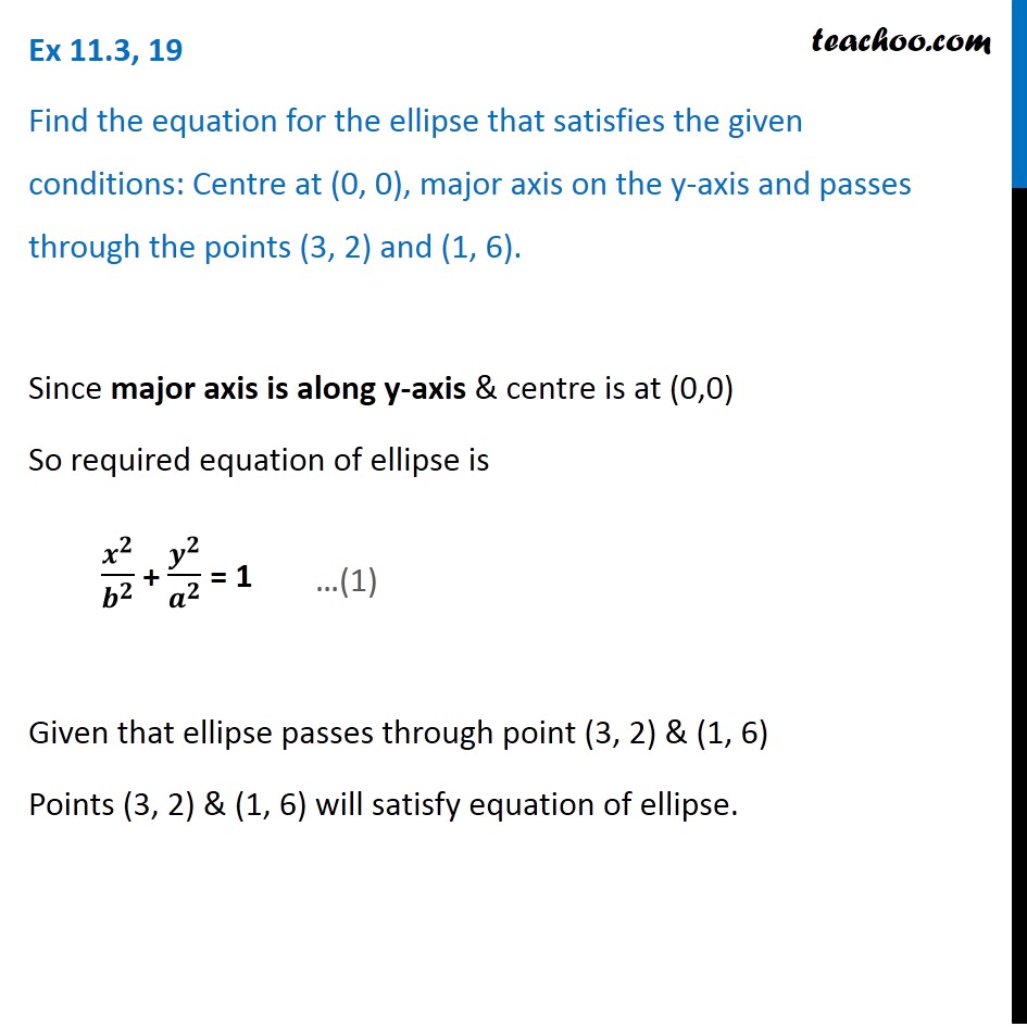 Ex 11.3, 19 - Find ellipse: Centre (0, 0), major axis y-axis