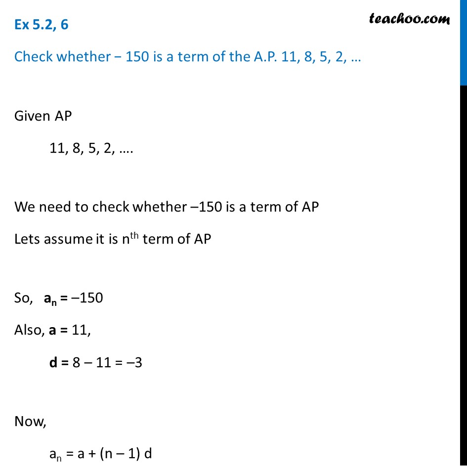 Ex 5 2 6 Check Whether 150 Is A Term Of AP 11 8 5 2