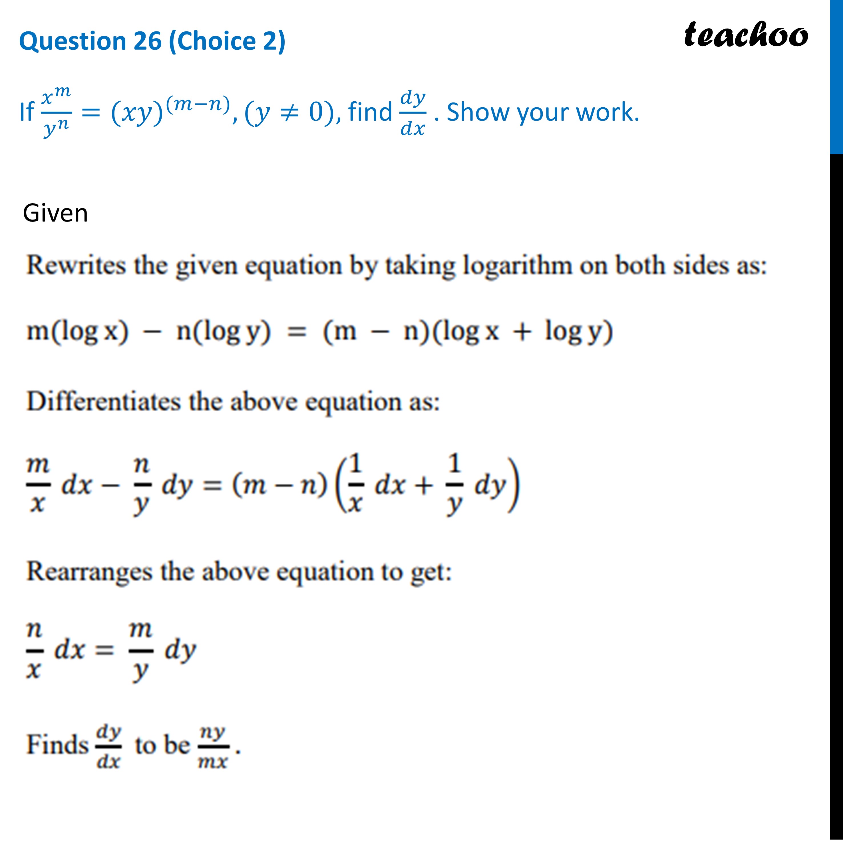 [class 12] If X N Y M Xy M N Find Dy Dx Teachoo