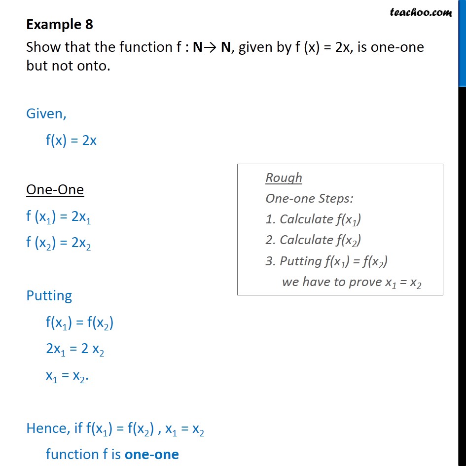 Example 8 - Show f(x) = 2x is one-one but not onto - Examples