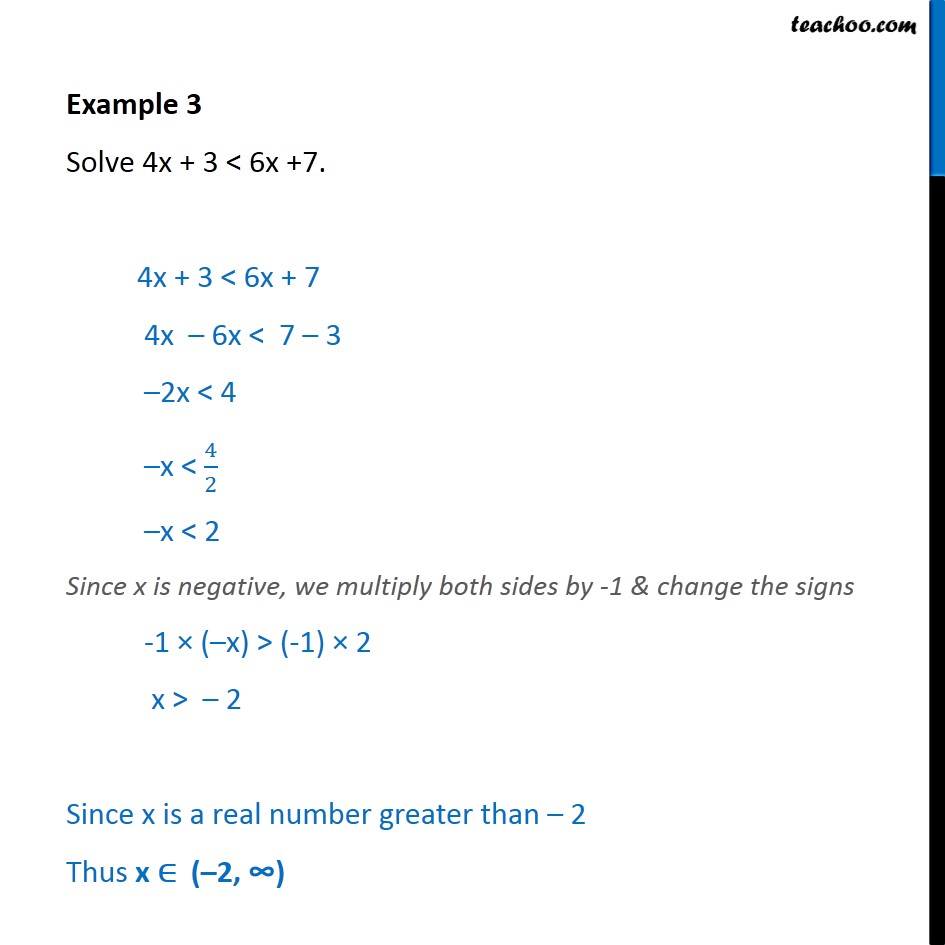 Example 3 - Solve 4x + 3 < 6x + 7 - Chapter 6 CBSE NCERT - Solving inequality  (one side)