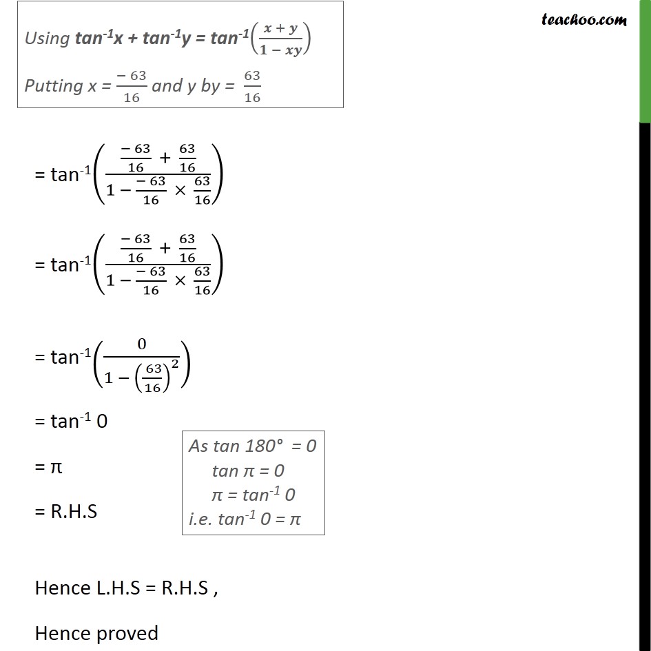 Example 11 - Show Sin-1 12/13 + Cos-1 4/5 + Tan-1 63/16 = Pi