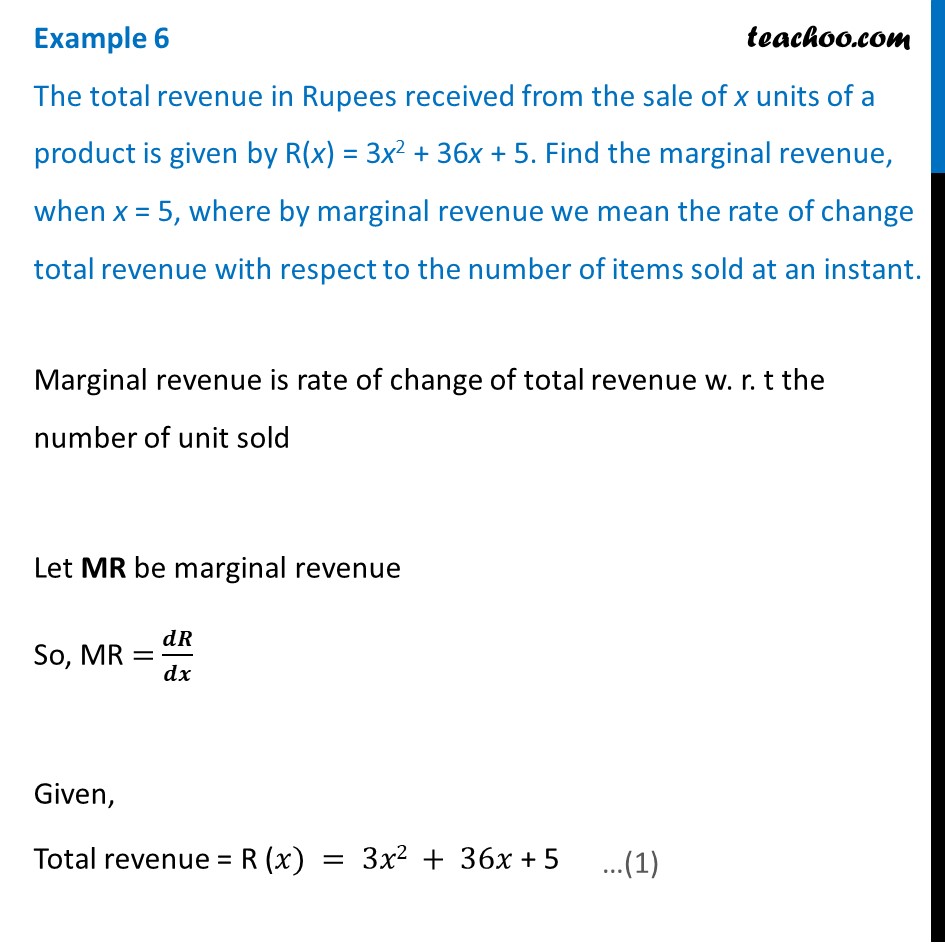 Example 6 - Total revenue received from sale of x units - Examples