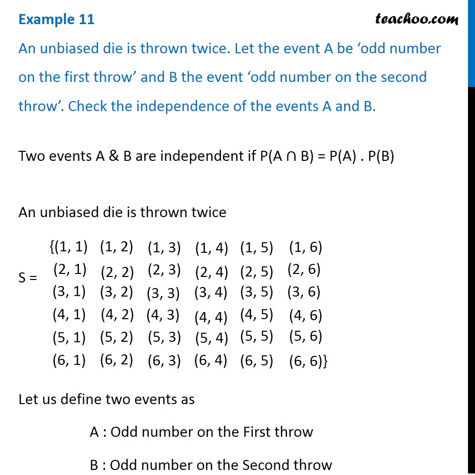 Example 11 - Let event A be 'odd number on first throw' - Examples
