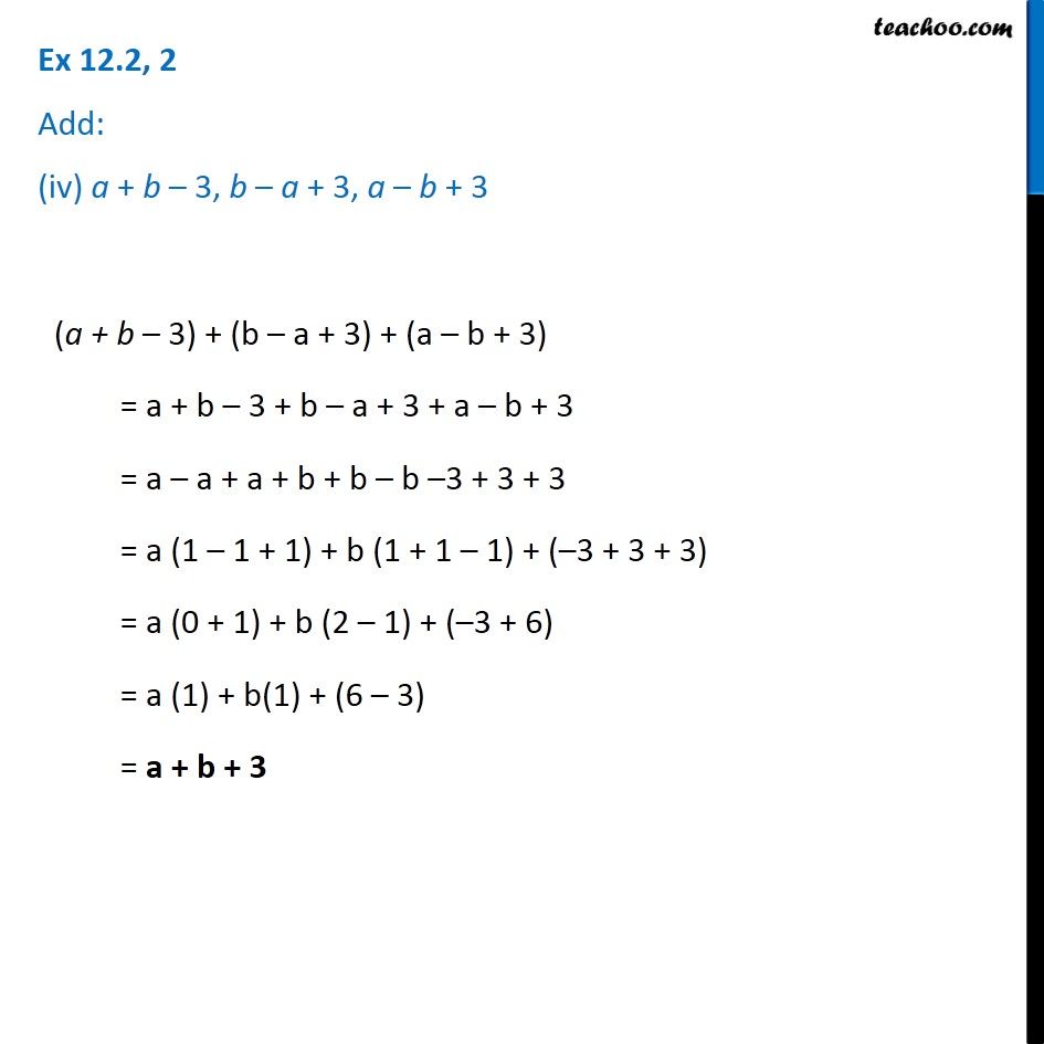 Add: A + B – 3, B – A + 3, A – B + 3 - Algebra Class 7 - Teachoo