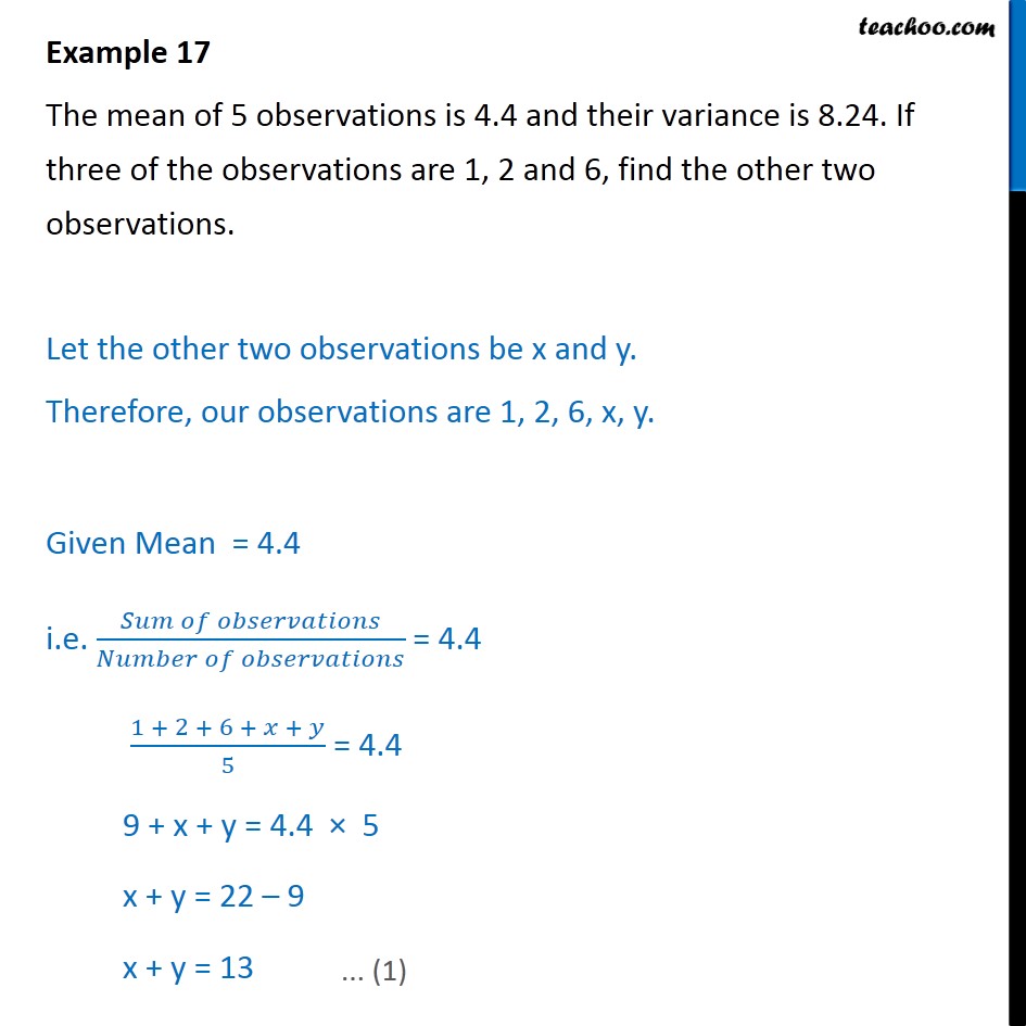 Example 17 - Mean of 5 observations is 4.4, variance is 8.24 - Indirect questions - finding remaining observations