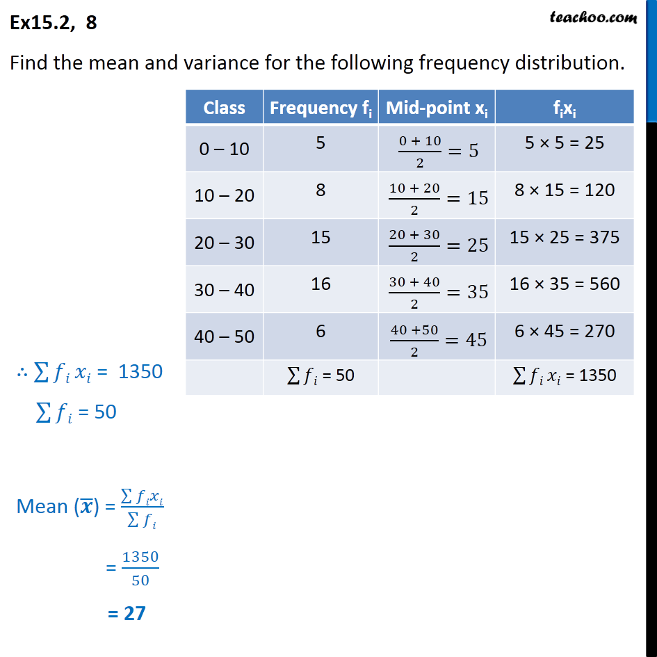 Ex 13.2, 8 - Find mean, variance - Chapter 15 Class 11 Statistics