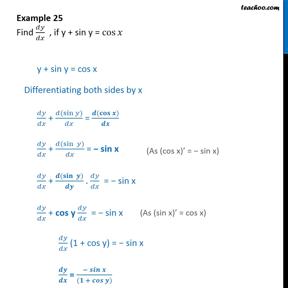 Example 25 - Find dy/dx, if y + sin y = cos x - Chapter 5 Class 12