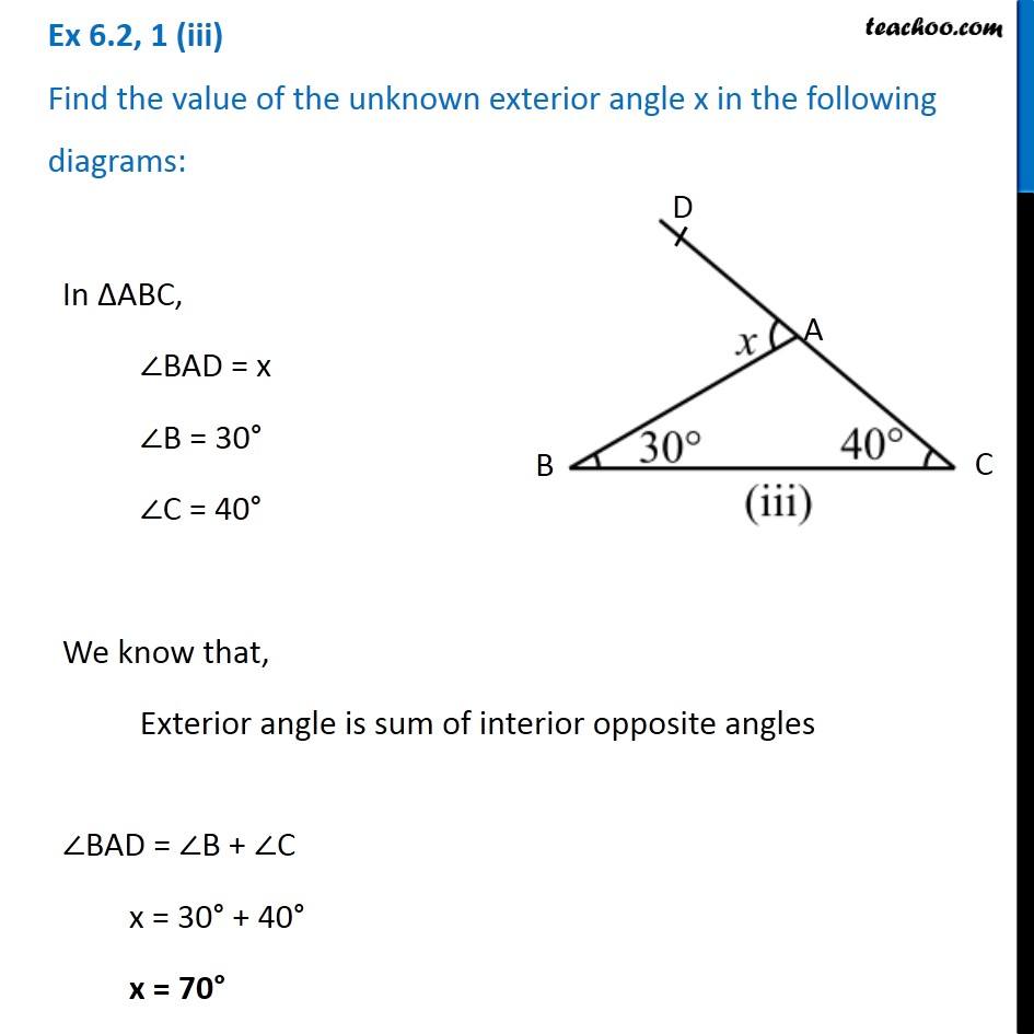 find-the-value-of-the-unknown-exterior-angle-x-triangles-class-7