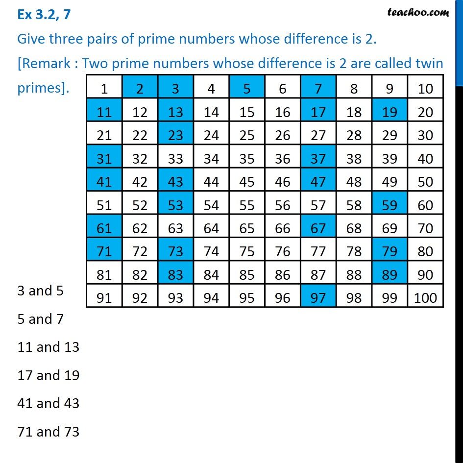 Ex 3.2, 7 - Give three pairs of prime numbers whose difference is 2