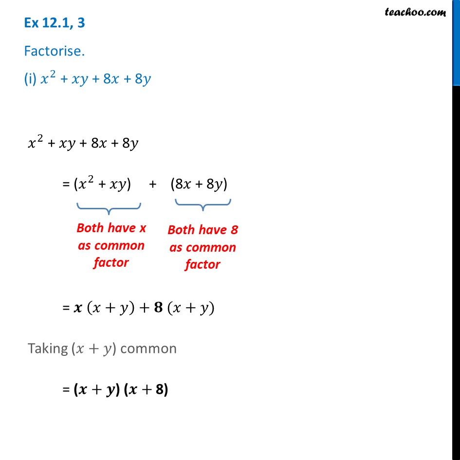 Ex 12 1 3 I Factorise X 2 X Y 8x 8y Ex 12 1