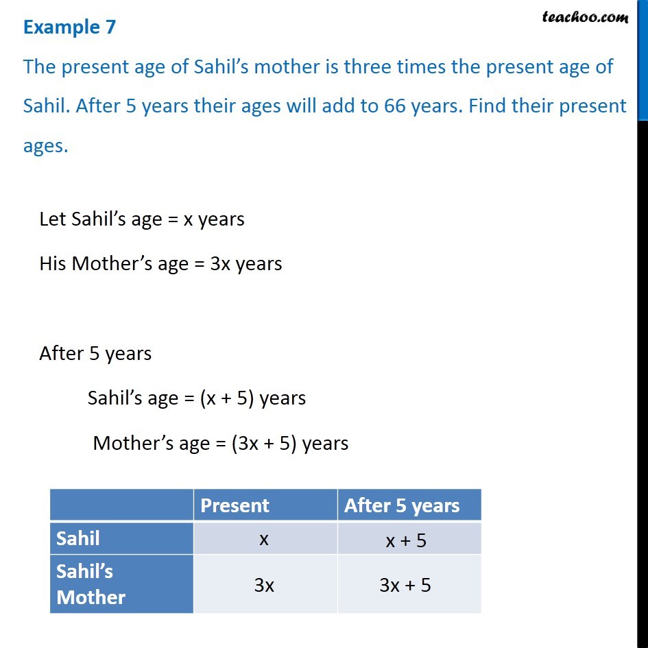 Example 7 - The present age of Sahil’s mother is three times of Sahil