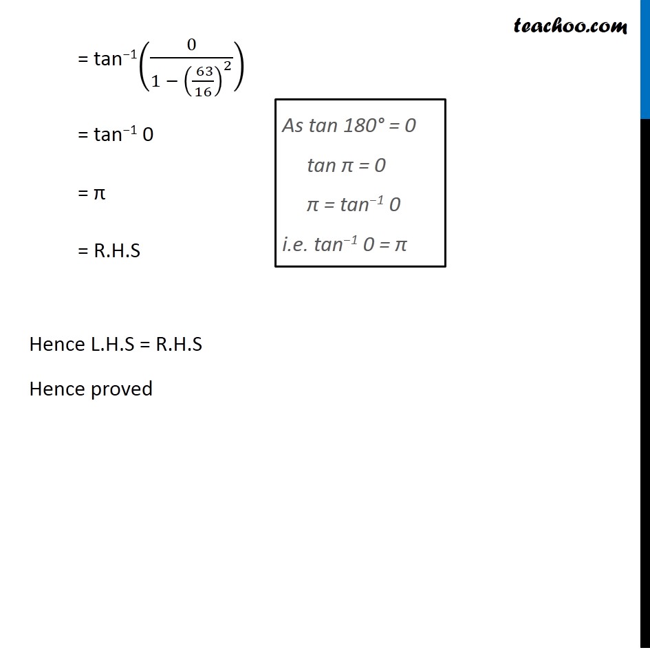 Example 11 - Show Sin-1 12/13 + Cos-1 4/5 + Tan-1 63/16 = Pi