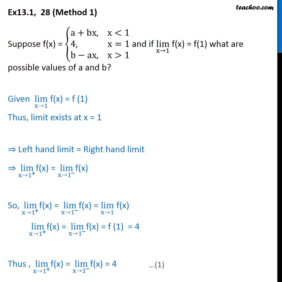 Ex 13.1, 28 - Suppose f(x) = {a + bx, 4, b - ax and if - Ex 13.1