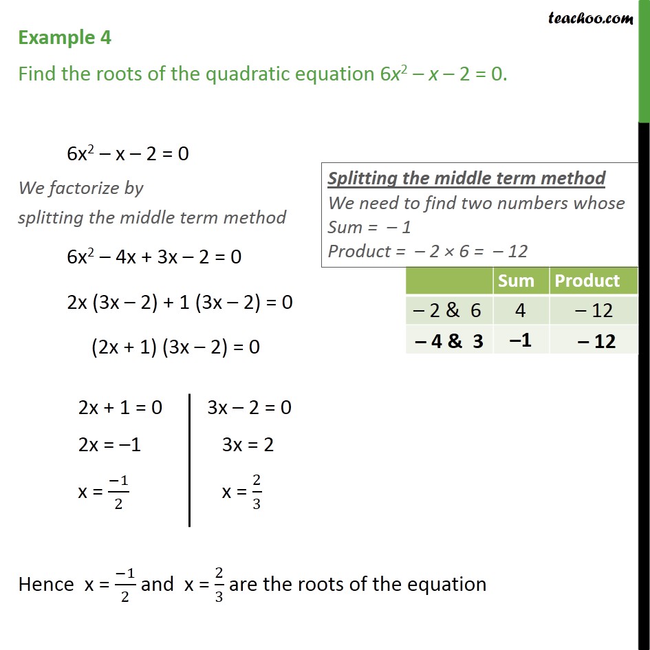 Example 4 - Find roots of 6x2 - x - 2 = 0 - Chapter 4 - Solving by Splitting the middle term - Equation given