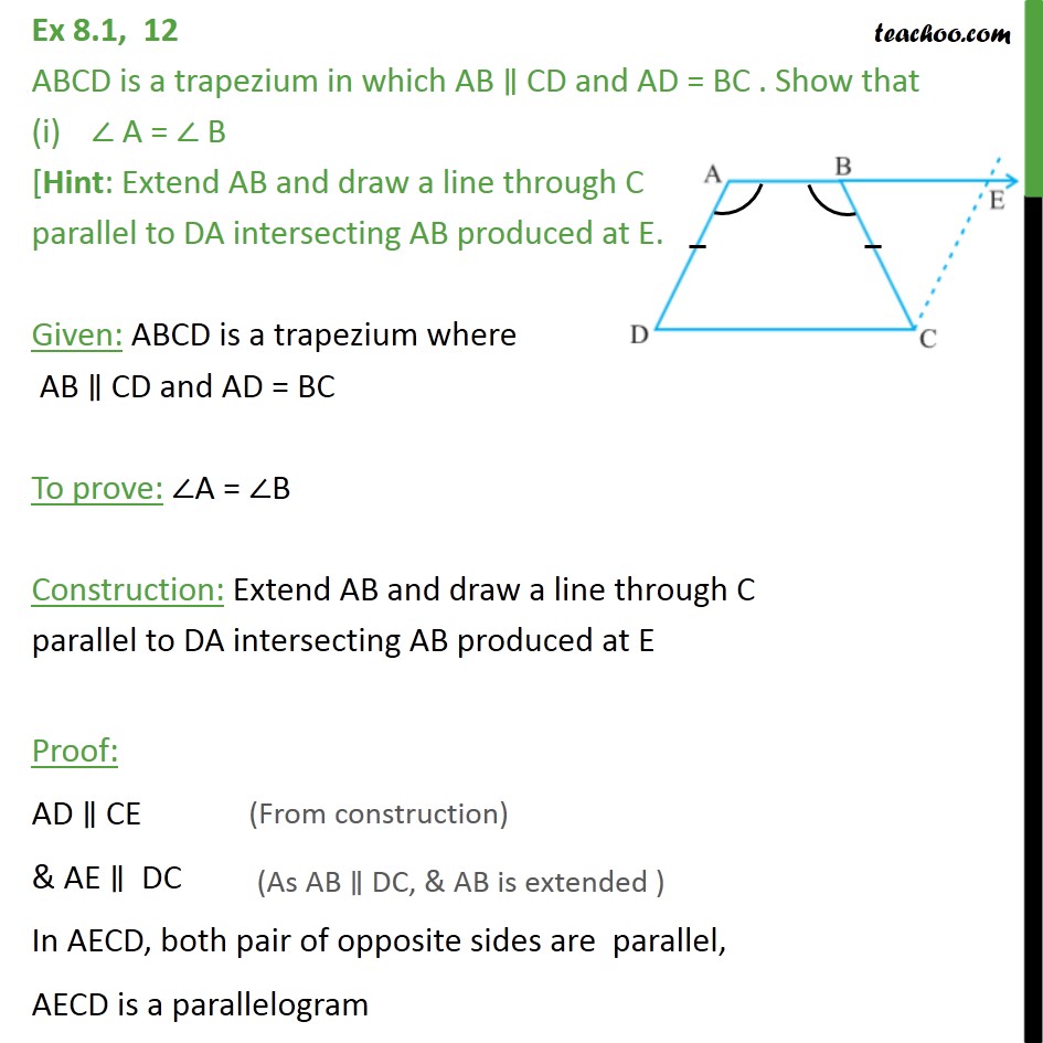 Ex 8.1, 12 - ABCD is a trapezium in which AB || CD and AD = BC - Ex 8.1