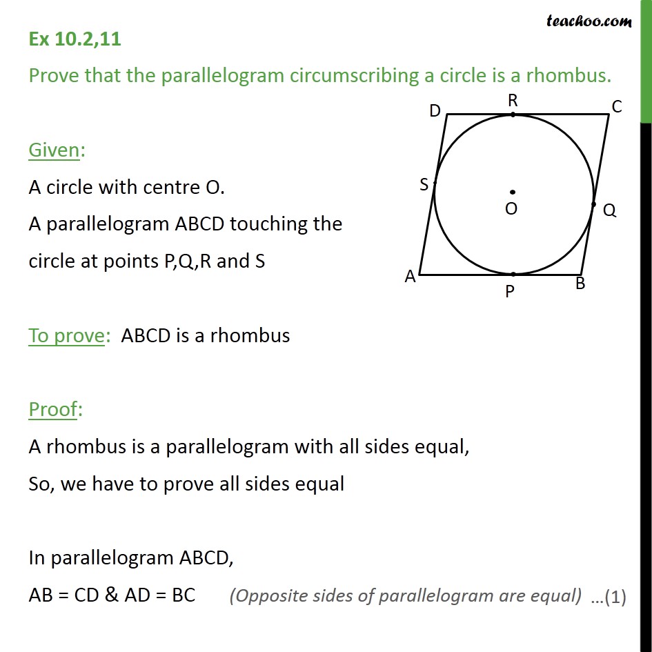 Ex 10.2, 11 - Prove that parallelogram circumscribing a circle - Theorem 10.2: Equal tangents from external point (proof type)