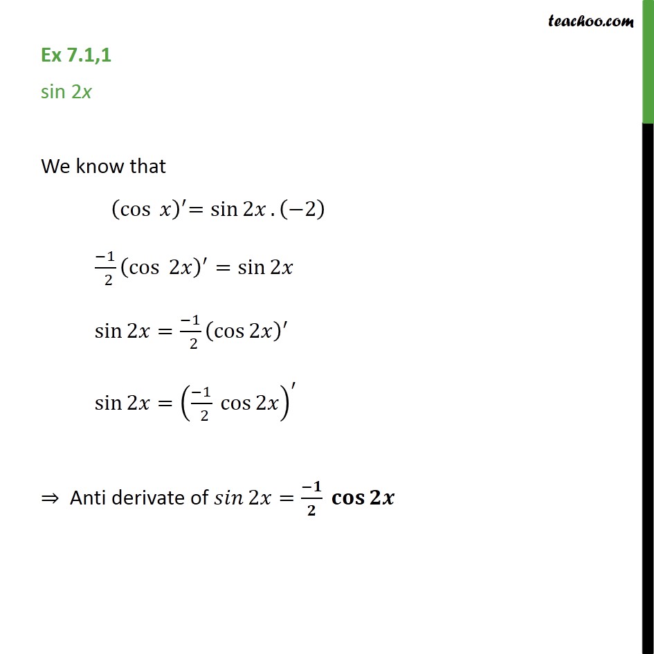 Ex 7.1, 1 Class 12 Maths - Find anti-derivative of sin 2x - Chapter 7