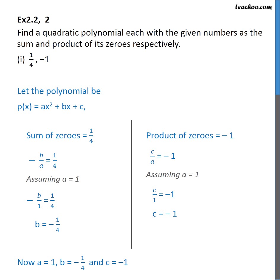 Ex 2.2, 2 - Find a quadratic polynomial each with given - Ex 2.2