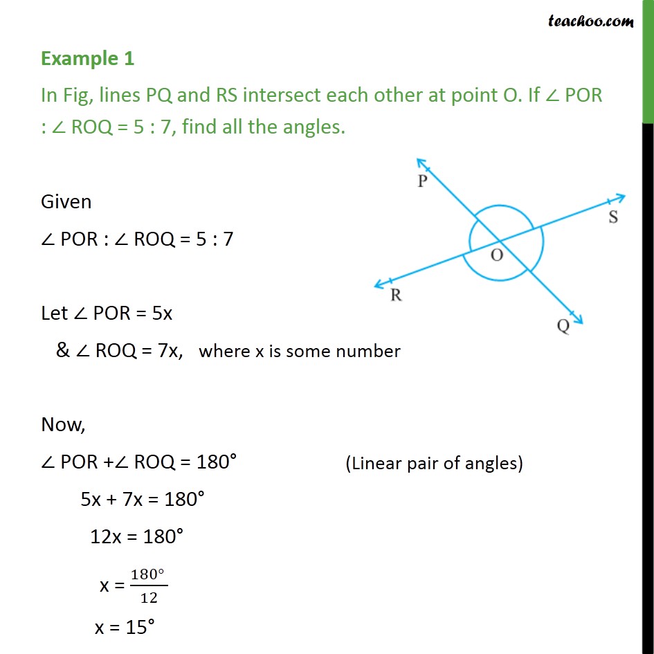 Example 1 - In fig, lines PQ & RS intersect each other at O - Examples