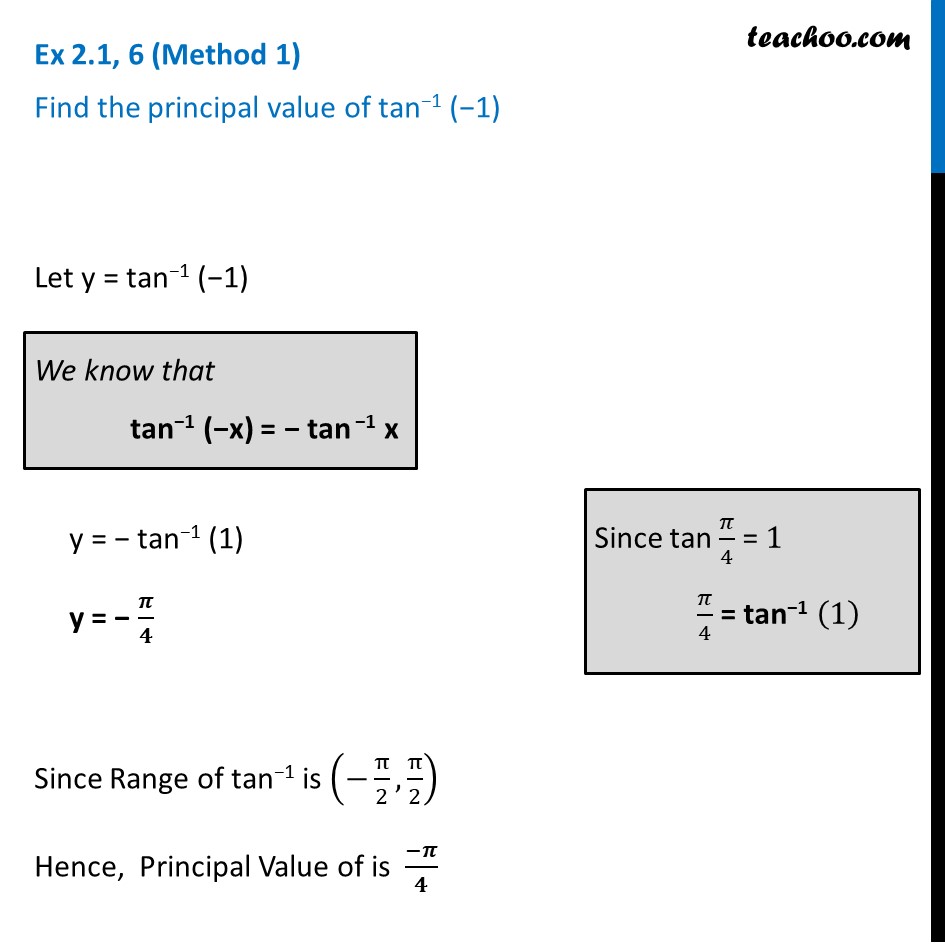 Ex 2.1, 6 - Find principal value of tan-1 (-1) - Chapter 2 Inverse
