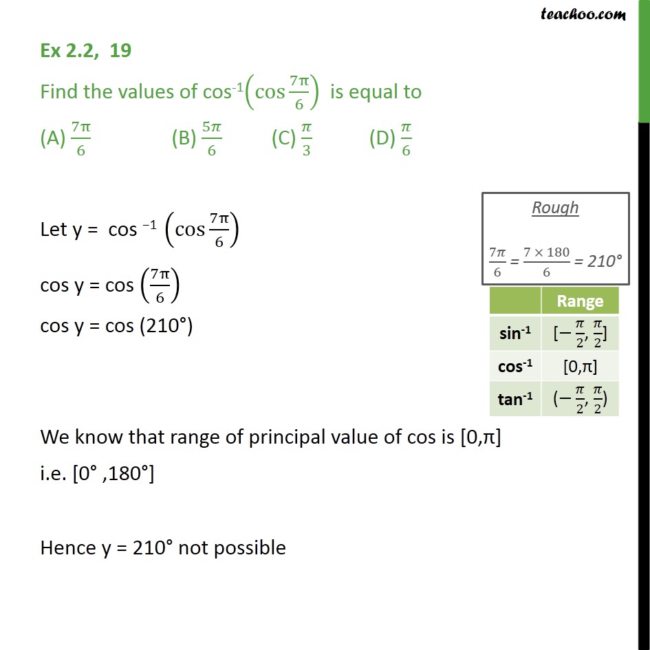 Ex 2.2, 19 - Find cos-1(cos 7pi/6) is equal to (A) 7pi/6