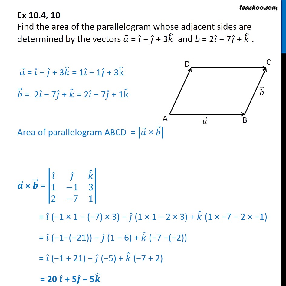 Ex 104 10 Find Area Of Parallelogram Whose Adjacent Sides Are 0714