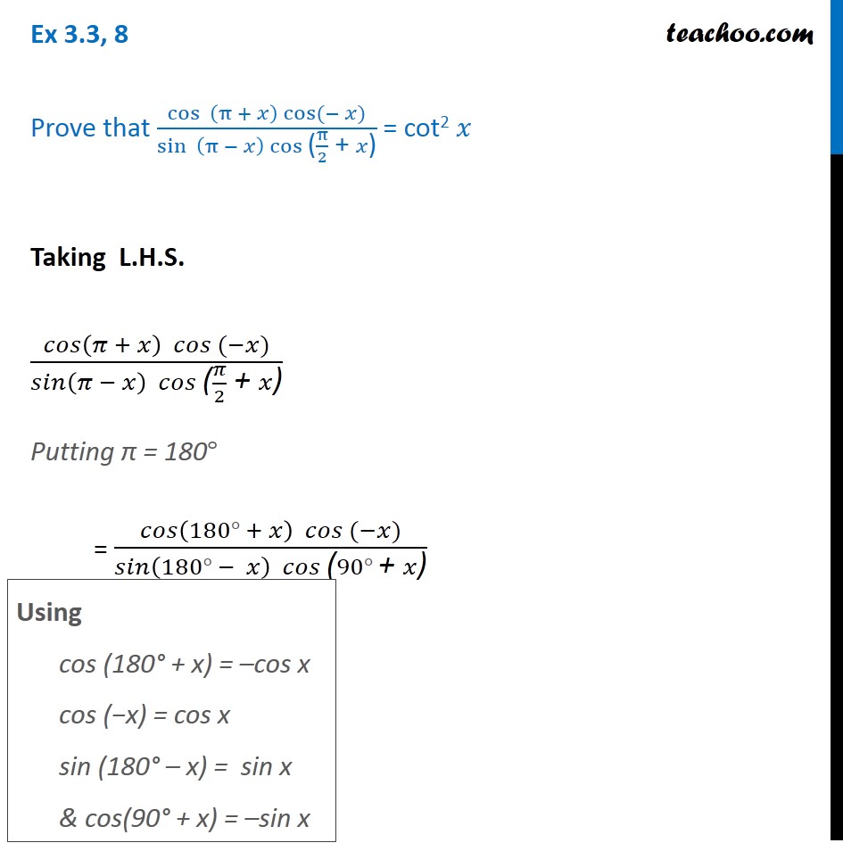 Ex 3.3, 8 - Prove cos (pi + x) ... - Chapter 3 Class 11 Trigonometry