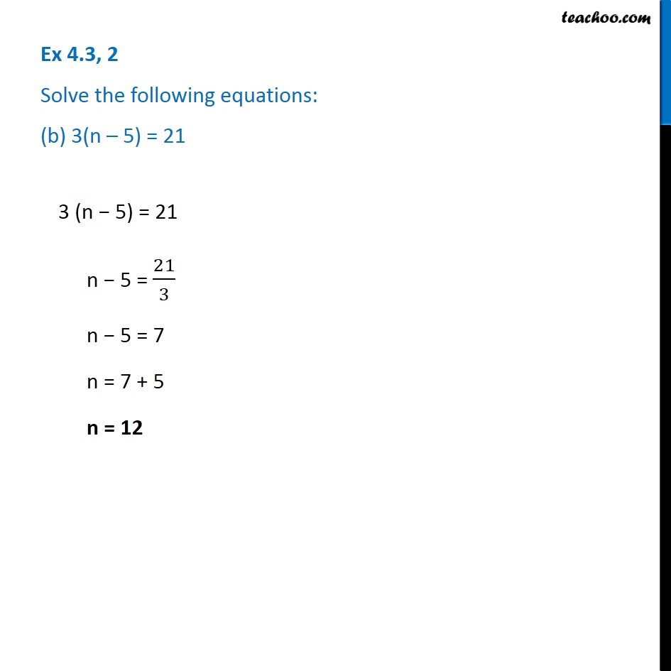 Question 2 - Solve The Equation: (b) 3(n – 5) = 21 - Class 7 Maths