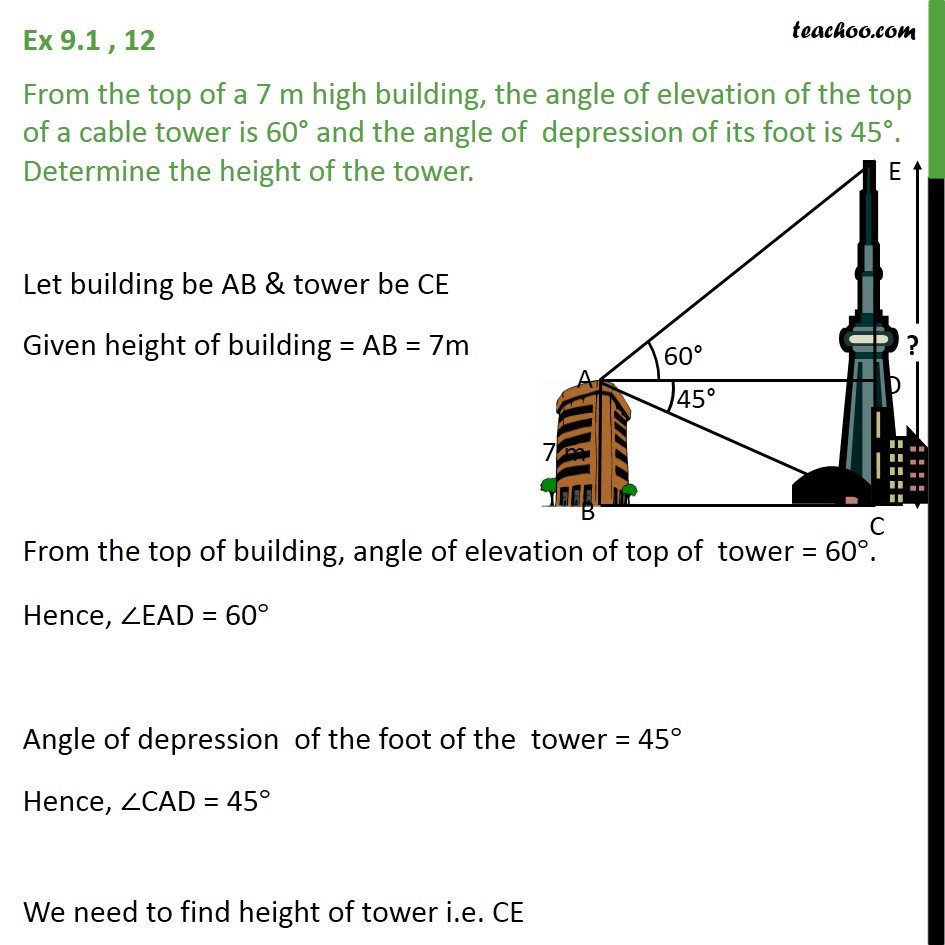 Ex 9.1, 12 - From the top of a 7 m high building, angle - Questions easy to difficult