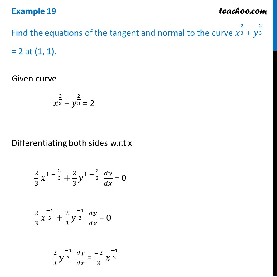 Example 19 - Find equations of tangent, normal to x2/3 + y2/3 = 2