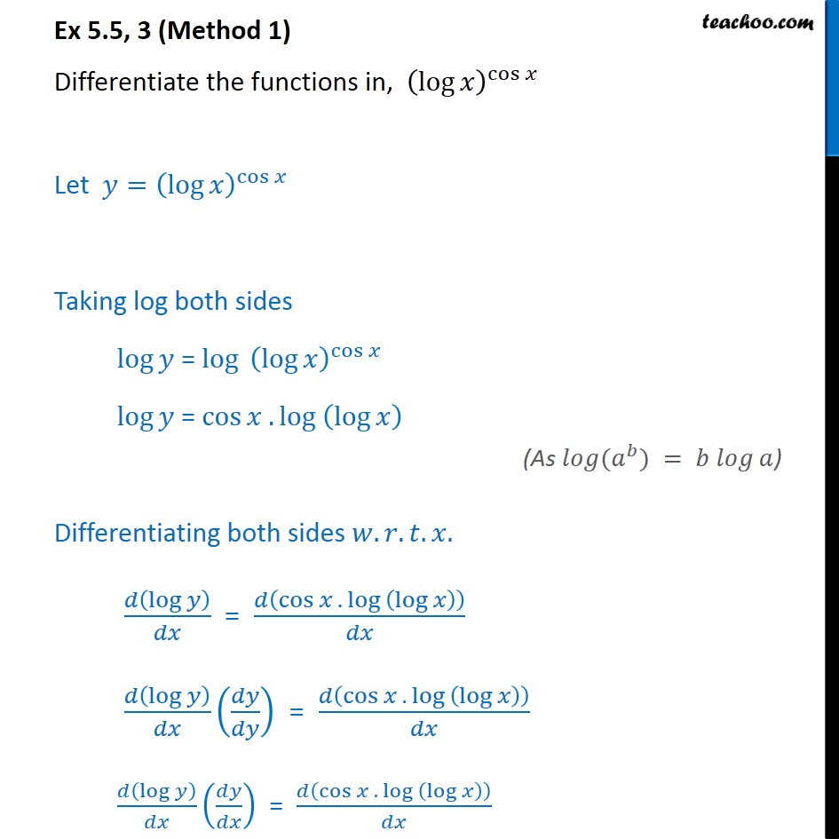 Ex 5.5, 3 - Differentiate (log x)cos x - Class 12 CBSE NCERT