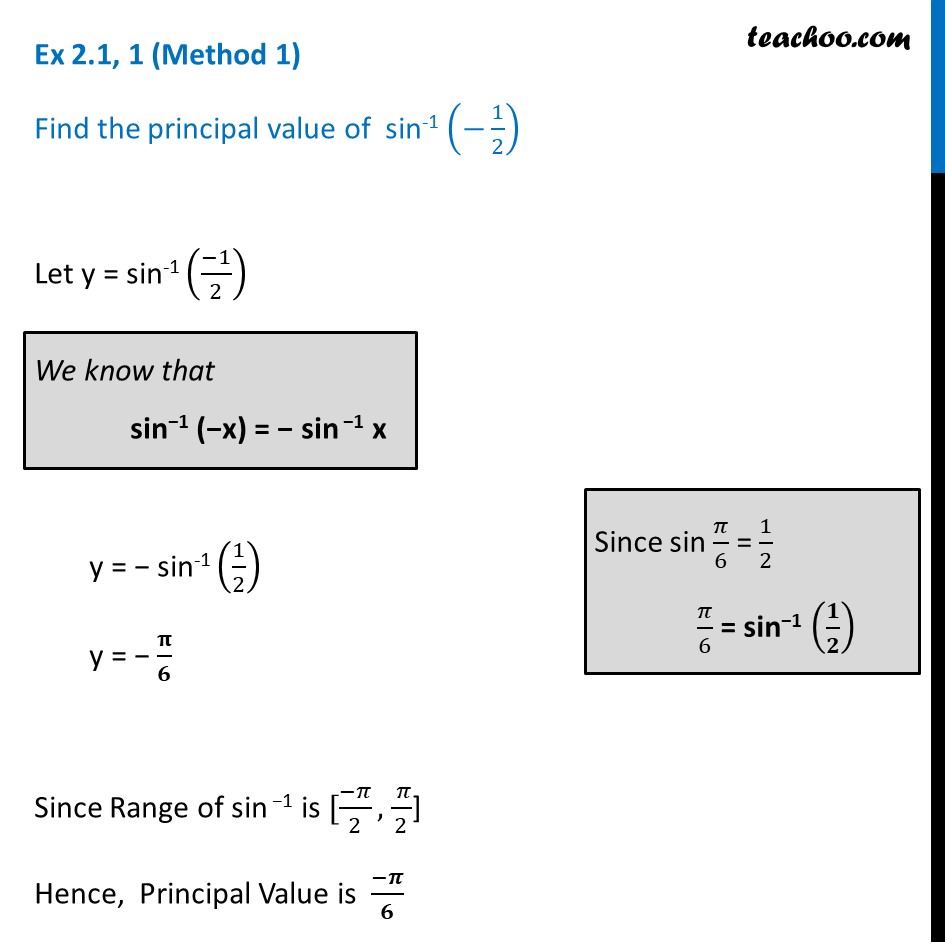 Ex 2.1, 1 - Find principal value of sin-1 (-1/2) - Chapter 2