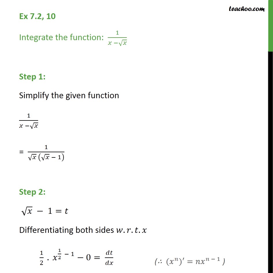 Ex 7.2, 10 - Integrate 1/(x - Root(x)) - Chapter 7 CBSE - Ex 7.2