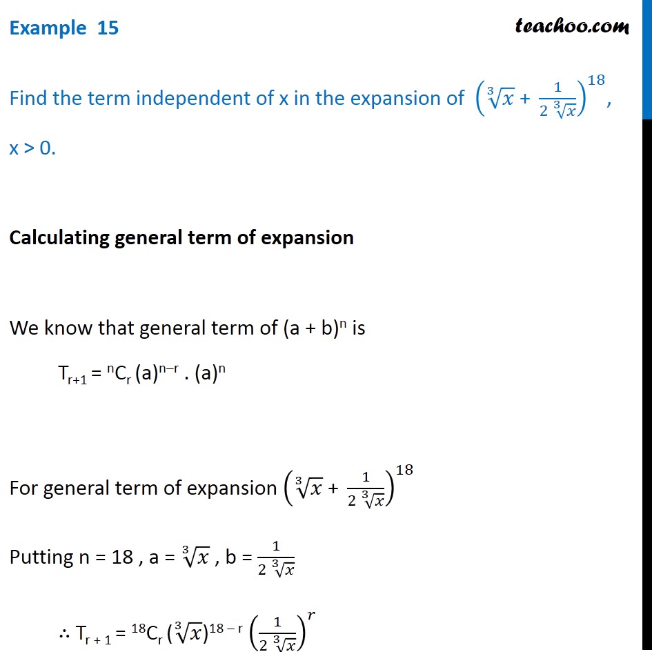 Example 15 - Find term independent of x in the expansion (x^1/3 + 1/2x