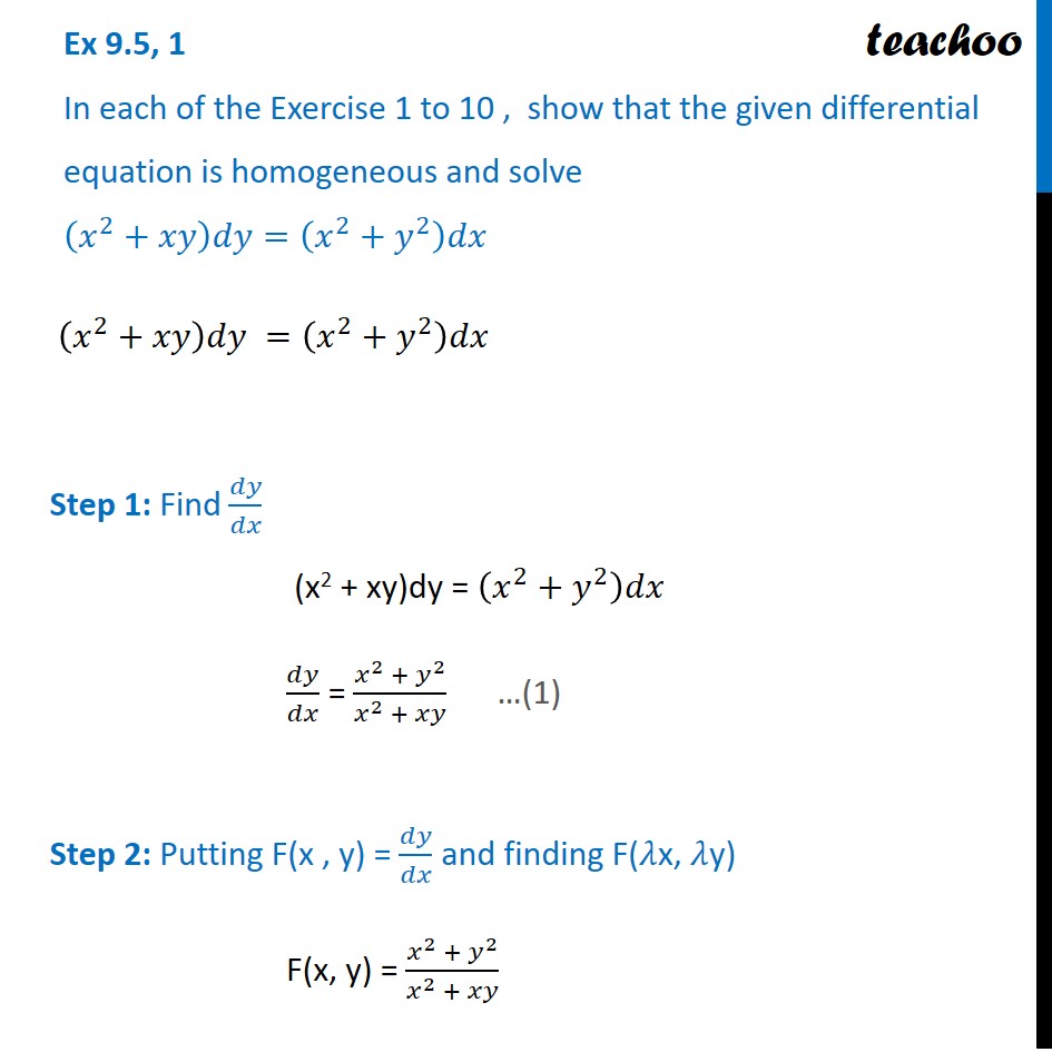 Ex 9 5 1 Show Differential Equation Is Homogeneous Ex 9 5