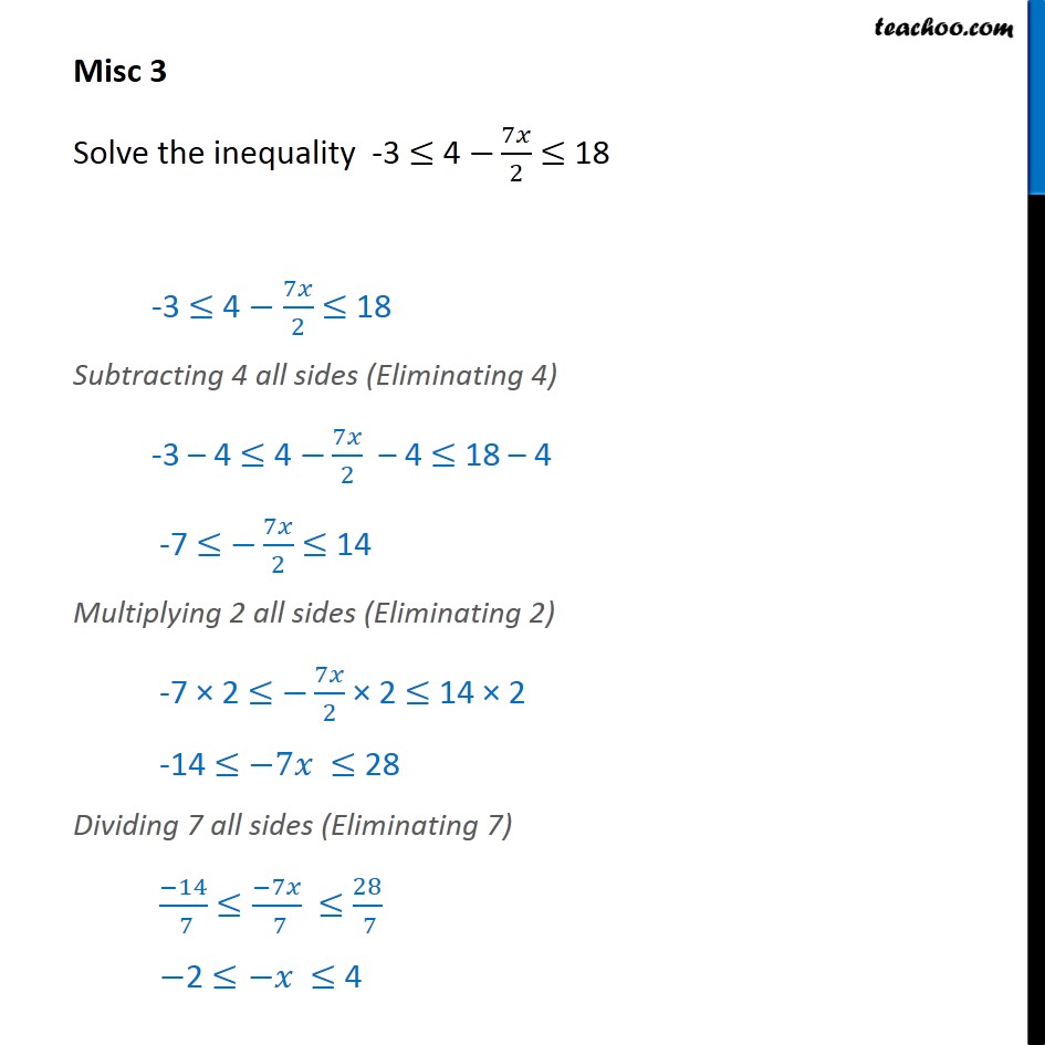 Misc 3 - Solve -3 <= 4 - 7x / 2 <= 18 - Chapter 6 NCERT - Solving inequality  (both  sides)
