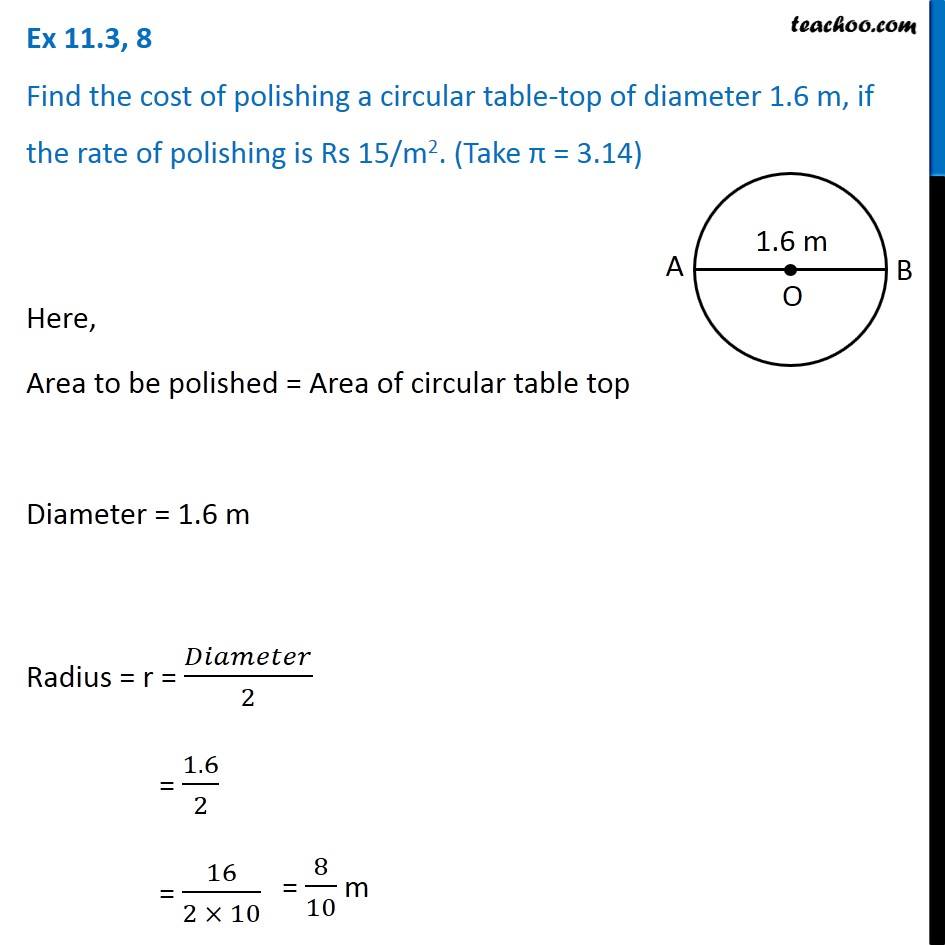 Ex 11.3, 8 - Find the cost of polishing a circular table-top of
