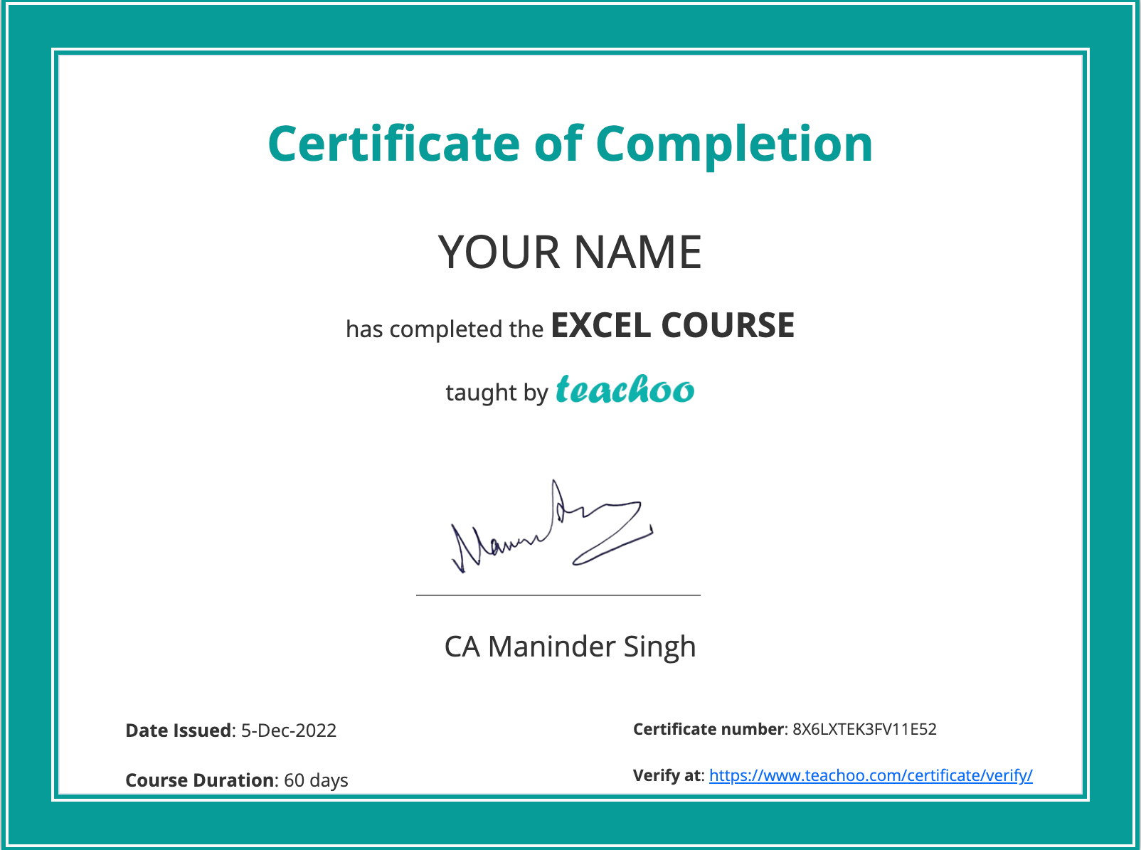 Certificate after doing the Excel Course on Teachoo