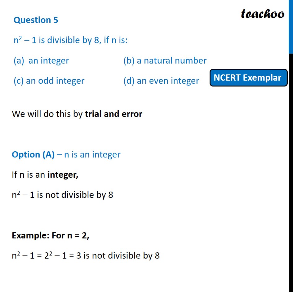 N^2 – 1 Is Divisible By 8, If N Is: (a) An Integer (b) Natural Number